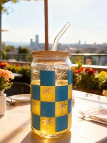 1pc/Set Coconut Tree Checkered Coffee Matcha Glass Straw Cup, Jar-Shaped Sparkling Water/Soda Glass Straw Cup, 16oz Glass Straw Cup With Straw, Best Gift For Friends - Multicolor - View 8