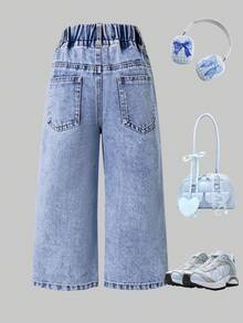 Young Girl Versatile Fashion Bleached Straight Leg Casual Jeans, Summer, 8 Years, Loose Cute Jeans, Loose Denim, Loose Jeans