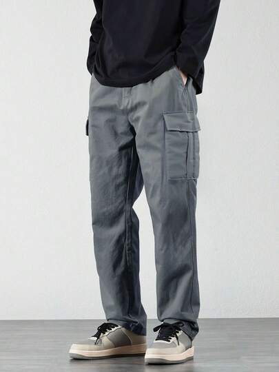 Men's Outdoor Sports Drawstring Long Pants, Solid Color With Multiple Pockets, Elastic Waistband Design, Suitable For Giving To Husband Or Boyfriend