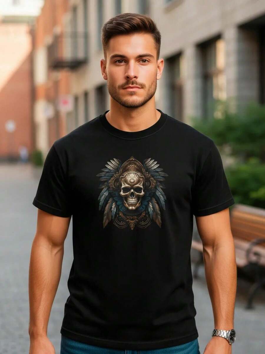 Camiseta Unissex Estilo Streetwar Estampada Caveira com Penas Street style Camisa Estilosa Masculina e Feminina - 100% Algodão Promoção Frete Grátis Rápido - Preto - Visão 1