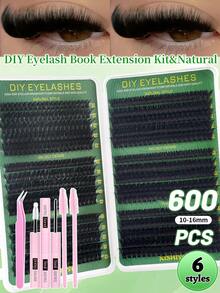 Regalo de Navidad Nuevo Set de 600/570 Pestañas Postizas Rizadas Tipo D Esponjosas, Incluye Tutorial de Pestañas Postizas Amigable para Principiantes, Kit de Pestañas en Racimos Gruesas y Voluminosas DIY (Con Adhesivo y Sellador), Pinzas, Cepillo de Pestañas, Lupa de Pestañas, Reutilizable