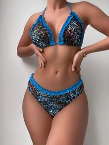 New Printed Animal Texture Ruffled Digital Print Sexy Bikini Two Pieces Swimsuit, Suitable For Beach Vacation Summer - Blue - View 2