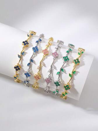 1ชิ้น สร้อยข้อมือแฟชั่น โคลเวอร์หลากสี, ใบไม้ & เถาวัลย์ ทองแดง เซอร์โคเนีย สำหรับผู้หญิง, ของขวัญวันวาเลนไทน์อเนกประสงค์ส่วนบุคคล