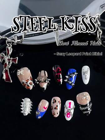 原创设计，手工制作，10片朋克风美甲贴片，包括豹纹美甲、Y2K杏仁形美甲、字母和18个数字元素。镀铬十字架和铆钉完美点缀指尖，提升个人魅力。手工比基尼设计，搭配金属链条，哥特风、垃圾摇滚赛博朋克风，美甲套装