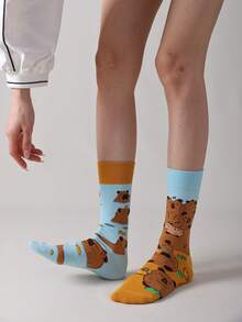 1 Pair Women's Cute Pig Mid-Calf Socks, Casual And Versatile For Daily Wear And Gatherings