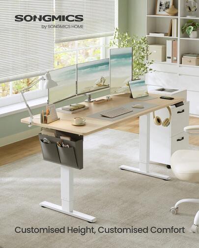 VASAGLE Electric Standing Desk, Height Adjustable Desk, 160 X 70 Cm, Continuous Adjustment, Spliced Tabletop, 4 Memory Heights, Golden Oak