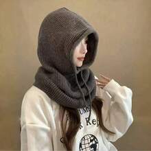 1pc Solid Color Street Knit Fabric Balaclava Hat, Winter Windproof Neck Warmer Beanie Set For Women, Cute & Warm