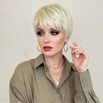 Elegant Brown Pixie Cut Synthetic Fiber Wig, Golden With A Short, Straight Bob Style And Bangs, Perfect For Everyday Wear. Women's Golden Short Wig,Lazy Wig