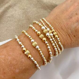 Set de 6 pulseras bohemias minimalistas con cuentas doradas, pulseras elásticas apilables de cobre con cuentas en tono plateado y dorado, chapadas en oro de 18K, impermeables, no se destiñen, regalos para amigos, hermanas, parejas, familia, Día de San Valentín, cumpleaños, Día de la Madre, Día del Padre, Navidad