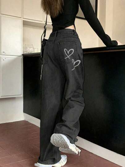 女士爱心印花简约日常牛仔裤，春季休闲款