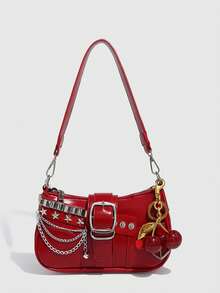Geantă crossbody cu lanț argintiu Millennium, design versatil Y2K, cu stele și luni, la modă Y2K, perfectă pentru stilul stradal al fetelor și ținutele de petrecere, de asemenea, un cadou ideal de Ziua Îndrăgostiților. Geantă de mână pentru femei cu imprimeu de cer înstelat. - roșu - Vizualizare 8