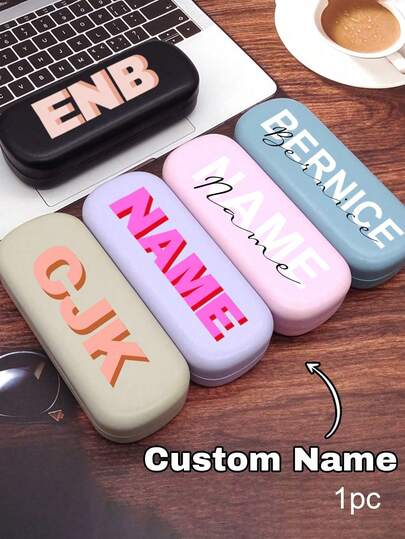 1pc Customized Name PU Leather Eyeglass Case, Personalized Fashion Eyewear Case, Customized Hard Shell Glasses Box, Available In 5 Colors: Pink/Black/Purple/Blue/Beige, 6 Styles, Hard Case For Men, Cute Eyeglasses Box For Women, 16.3x6.5cm