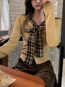 Women's Elegant Casual Commuting Fashion Versatile Plaid Bow Knit Cardigan - Multicolor - View 3