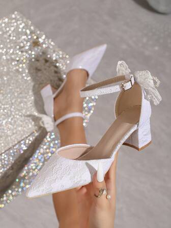 Nuevos zapatos de tacón alto de punta fina para mujer, bombas casuales y cómodas con tacón grueso, calado, perla blanca y lazo