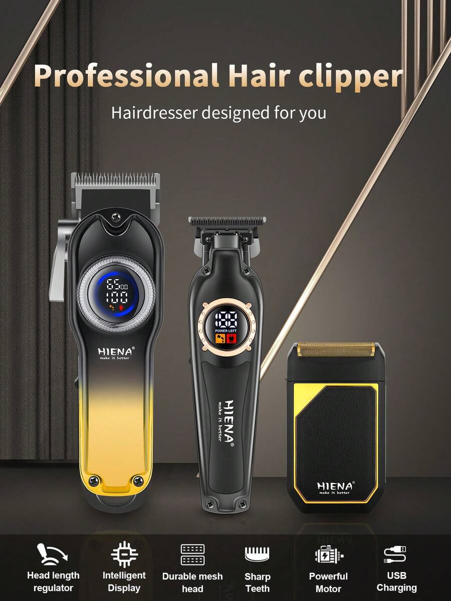 Bộ tông đơ cắt tóc chuyên nghiệp HIENA 3 món dành cho nam, tông đơ điện không dây, kéo cắt tóc bằng dầu, dao cạo, màn hình LED kỹ thuật số cho tiệm làm tóc tại nhà, phụ kiện sạc USB, hộp quà tặng tinh tế, thích hợp làm quà tặng, là người bạn đồng hành thân thiết cho gia đình - màu đen - Xem 1