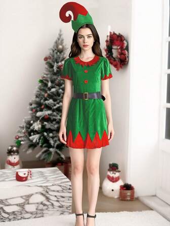1pc Christmas Dress, Green Christmas Dress, Simple Fashion, Women's Christmas Dress, Party Dress