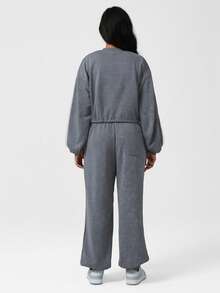 Sodalemon Women Casual Athletic 2 Pcs Set Drawstring Waist Yoga Outdoor Fitness Long Sleeve Sweatshirt Pockets Loose Training Running Jogging Pants Gym Sport Set