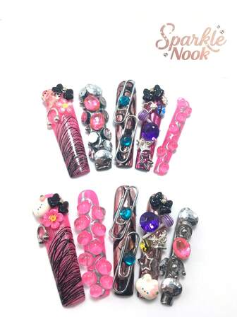 Each Set Consists Of 10 Handmade Acrylic Panels In The Shape Of A Y2K Coffin, Designed In French Style With Rhinestones, Lollipops, Bows, And Paper Clips For Decoration. Available In Multiple Shades And Nude Colors. 3 Sizes To Fit, Suitable For Parties, Dances, And Daily Wear, Comes With A Nail Kit, Making It An Ideal Press On Nails Gift For Ladies And Girls.