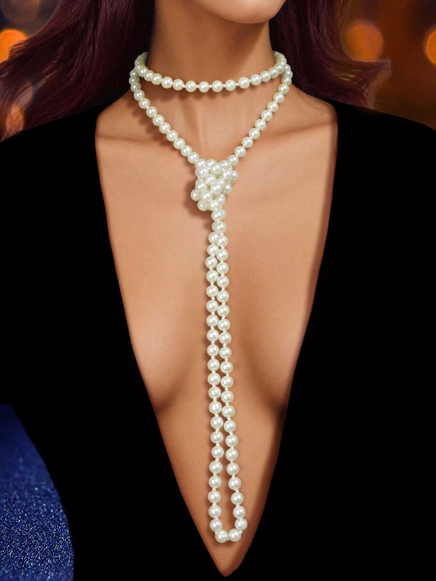 1件优雅珍珠串珠项链，适合派对、晚宴、婚礼等场合，女士珠宝 - 白色 - 查看 1