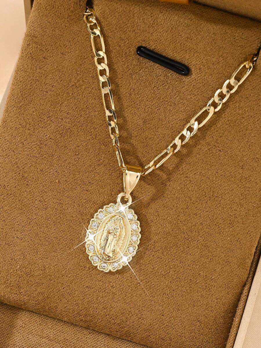 1pc European & American Style New Copper Inlaid Zirconia Hypoallergenic Fashion Faith Small Pendant Necklace, Suitable For Stacking, Guadalupe Virgin Mary Pendant, Suitable For Christmas/Thanksgiving/Halloween/Mother's/Valentine's Day Gifts For Couples/Friends/Godparents, Catholic First Communion, Gifts, Daily & Holiday Wear Prayer - Yellow Gold - View 1