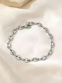 1pc Men Stainless Steel Simple Coffee Bean Pendant Necklace And Bracelet Set, Fashionable Daily Outfit - Silver - View 8