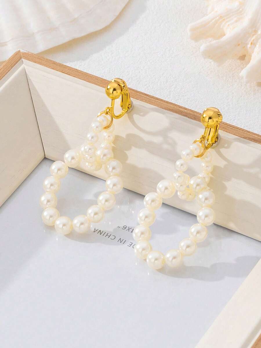 1 Pair French Luxury Romantic Acrylic Faux Pearl Linked Hoop Ear Clips, Suitable For Women's Daily, Party, Travel Wear - Pearl Ear Clips - View 1