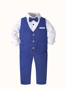 男童四件套西装,修身薄款正装,包含白色衬衫、纯色马甲、领带和裤子,适合春秋季穿着,休闲绅士风格,也适合婚礼、节日和派对等场合。 - 藍色 - 查看 3