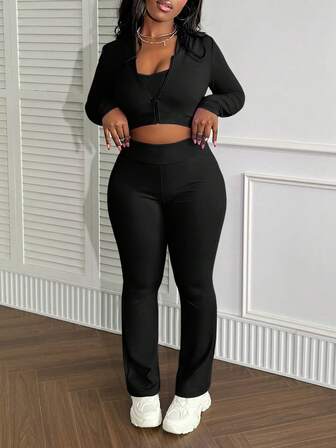 LovelyWholesale Chaqueta corta con cremallera de manga larga, top de tirantes de unicolor y pantalones para mujer, para primavera y verano