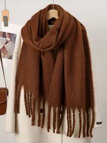 1 Khăn choàng mùa đông cho nữ bằng lông ngựa màu đen giả cashmere, khăn choàng và khăn quấn dày ấm áp thời trang cho nữ, màu sắc tinh khiết, tua rua, khăn choàng ngoài trời cho nữ - màu nâu - Xem 7