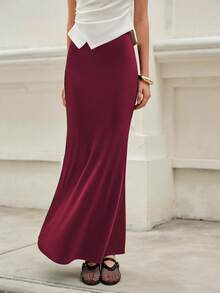 1pc Solid Color Casual Elegant Twill Zipper Skirt, Suitable For Daily Wear In Summer - Red - View 4