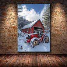 [2D Flat] 1Pc Framed Ready To Hang, Retro Christmas Decoration Canvas Wall Art, Red Tractor And Barn In Snowy Forest Winter Holiday Scene Posters Painting Pictures Wrapped Framed Print For Living Room, Office, Man Cave Christmas Home Decor, Rustic Style Wall Decor Artwork Suitable For Farmhouse Christmas Decoration - Đỏ - Xem 4