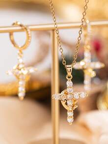 1pc Elegant Sparkling Crown & Cross Stainless Steel Pendant Necklace,Versatile Luxury Style For Girls,Suitable For Party, Festival, Daily Wear, Perfect Gift For Friends