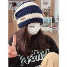 New Loose Striped Knit Beanie Hat, Large Head Circumference, Retro Japanese Style, Warm Winter Hat, Knitted Cap, Flattering, Fashionable, Casual, Polyester, Embroidered, Autumn/Winter - Có - Xem 4