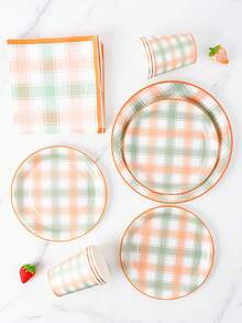 Yellow & Green Checkered Disposable Plate, Napkin, Cup Set, Plates, Napkins And Cups Party Supplies, Serves 8 Guests, Disposable Paper Plates Party Tableware Suitable For Birthday, Wedding, Theme Party, Family Picnic - Multicolor - View 4