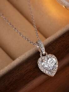 S925 Sterling Silver Cubic Zirconia Heart Pendant Necklace, Elegant Fashion Jewelry For Women, Engagement, Holiday, Anniversary Gift - Silver - View 8