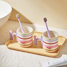 1pc Dopamine Striped Rinse Cup/Toothbrush Holder, Home Use - Beige - View 1