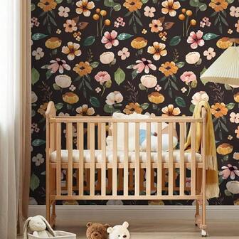 1 rollo de papel tapiz autoadhesivo con fondo negro y patrón de frutas y flores, papel tapiz de flores y plantas negras, pegatina de vinilo grueso adecuado para sala de estar, dormitorio, cocina, baño, pared de fondo, muebles, renovación, decoración de muebles, decoración DIY, decoración de supermercado, 17.7in x 196.8in/393.7in, pegatina estética para decoración del hogar