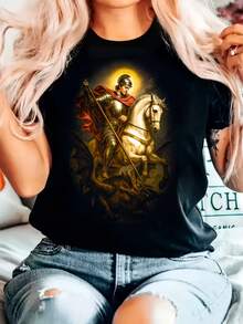 Camiseta Feminina 100% Algodão com Estampa de São Jorge Guerreiro Vencendo o Dragão – Fé, Proteção, Força Espiritual, Blusinha Feminina Casual Gola Redonda em Promoção - Preto - Visão 1