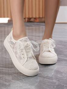 女士休闲鞋，女士透气系带运动鞋，软底舒适平底鞋，适合居家、户外步行，百搭夏季女鞋 - 米色 - 查看 4