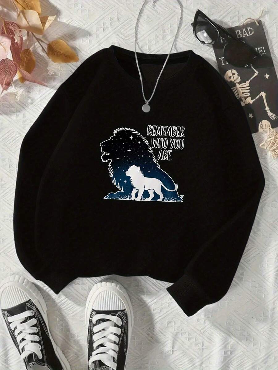 Women'S Lion King Graphic Sweatshirt - "Remember Who You Are" Inspirational Design, Green Crew Neck Pullover With & Nala Print, Casual Fall/Winter Wear, Lion King Fan Apparel | Inspirational Clothing | Stretchy Fabric, Sweater Buzz Lay Year, Sweater From The Toy Factory, Sweet Shirt Plus Size, Nightmare Before Christmas Sweater, Merida Sweatshirt - Black - View 1