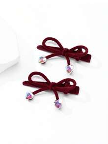 2pcs Women's Solid Color Autumn/Winter Alloy Metal Flocked Bow Crystal Pearl Alligator Hair Clips, Elegant Sweet Versatile For School, Party, Dance, Daily Wear, Hair Claws, Hair Slide, Hair Barrettes