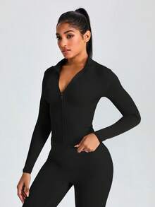 女士时尚性感修身纯色瑜伽外套，日常健身锻炼跑步速干瑜伽运动服健身外套 - 黑色 - 查看 9