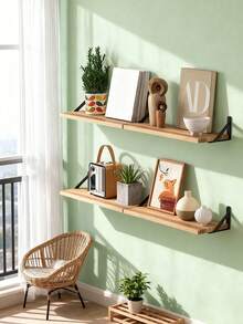 1pc/3pcs Capacity Wooden Wall Shelf, Length: 30cm/40cm/50cm, Fresh Nordic Style, Natural Solid Wood Board With Black Metal Triangle Bracket Details