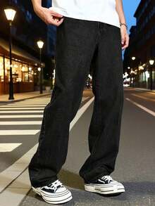 Men's Wash Denim Jeans - Baggy Fit, Casual Streetwear Essential,Trending Denim Jacket - Oversized Style - Relaxed Fit, All - Season Layering - Loose, Vintage - Inspired Streetwear. - Đen mun (32L) - Xem 4