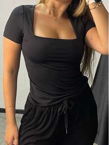 Set Of 3 Basic Blouses In Spandex With Square Neckline And Short Sleeves (Lined) - 黑色/黑色/黑色 - 查看 2