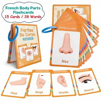 Lachilly Tarjetas didácticas de 28 palabras para el aprendizaje temprano de las partes del Body en francés para niños, material educativo Montessori de bolsillo para educación preescolar
