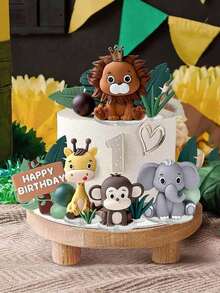 Forest Leaf Cake Topper, Jungle Animal Soft Doll, Lion Giraffe Elephant Monkey Turtle Leaf Grass Cake Decoration, Suitable For Birthday Cake Decoration, Christening Forest Theme Party Cake Decoration Supplies(Please Use With The Tray.)
