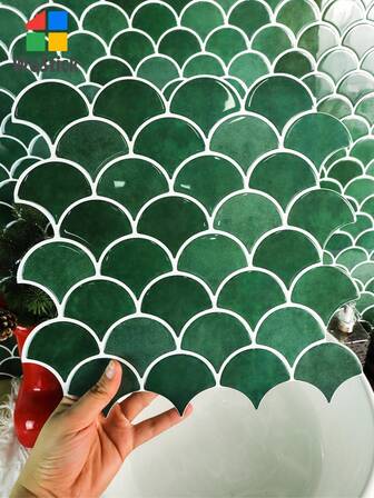 2/5/10片装（加厚设计）鱼鳞纹自粘防溅瓷砖 12英寸x12英寸 3D扇贝形墙砖，适用于厨房浴室（深绿色）