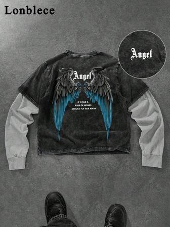 Lonblece Hanorac unisex cu aspect de denim uzat și imprimeu cu aripioare închise la culoare, stil punk artistic, design patchwork, ținută streetwear casual, potrivit pentru tineri adulți, toamnă/iarnă