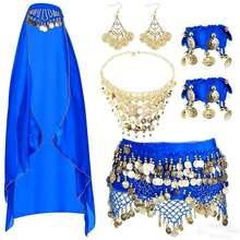 女士肚皮舞服装套装，包括肚皮舞臀巾、裹身配饰、硬币吊坠项链、耳环、手镯和万圣节肚皮舞服装 - 彩色 - 查看 9